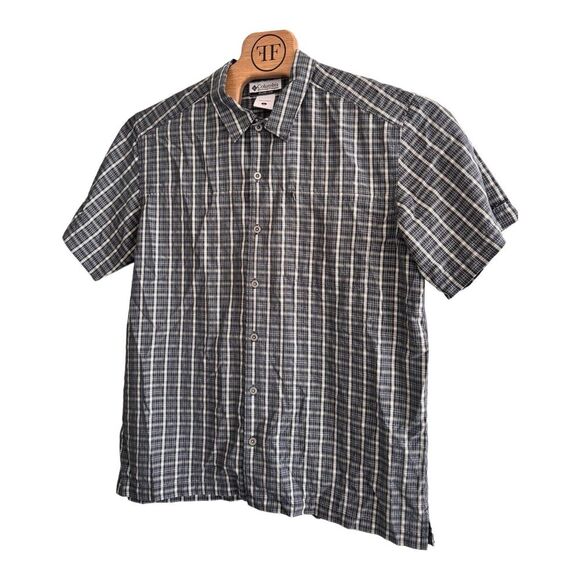 Columbia Men's Short Sleeve Shirt Blue & Cream Plaid with Invisible Pocket Modal - Picture 3 of 4